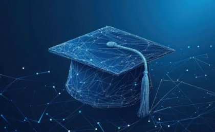 An AI generated image of a graduation cap against a spacey background overlaid with computer 3D points.
